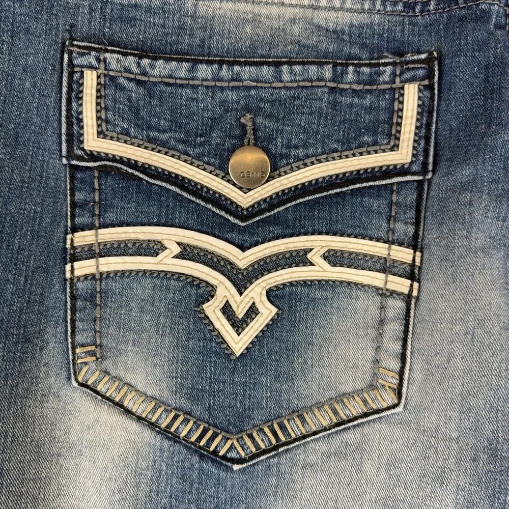 Y2K GS115 Jeans Mens 42x33 Blue Slim Fit Straight Leg Denim Embroidered